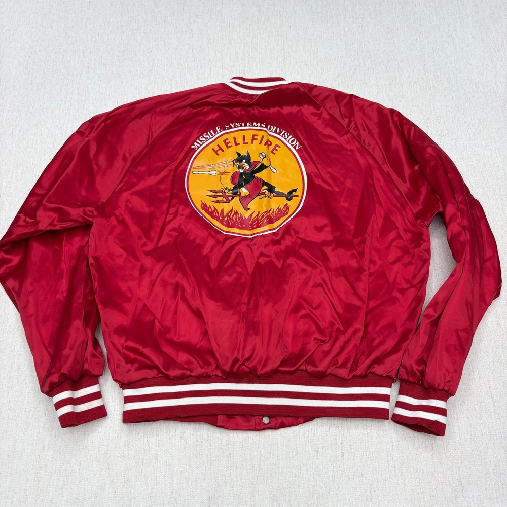 VTG 1980s Chalk Line Rockwell International Hellfire Missile Satin Jacket Red XL